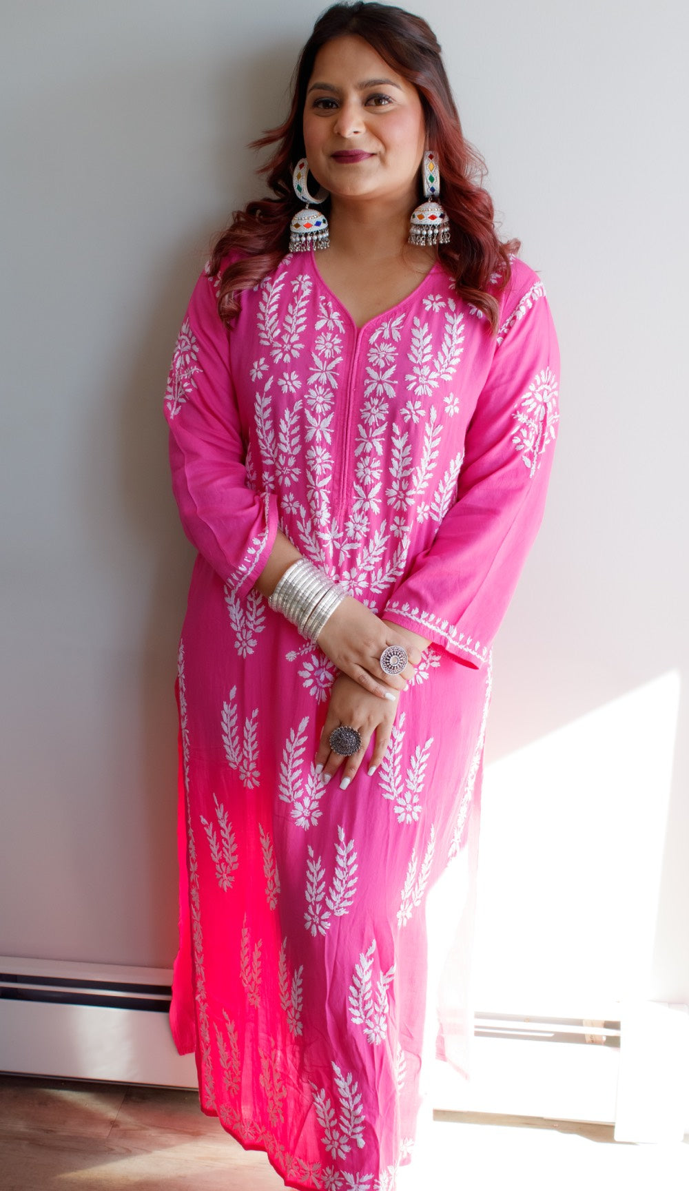 Maryam Rayon Chikankari Kurta - Hot Pink